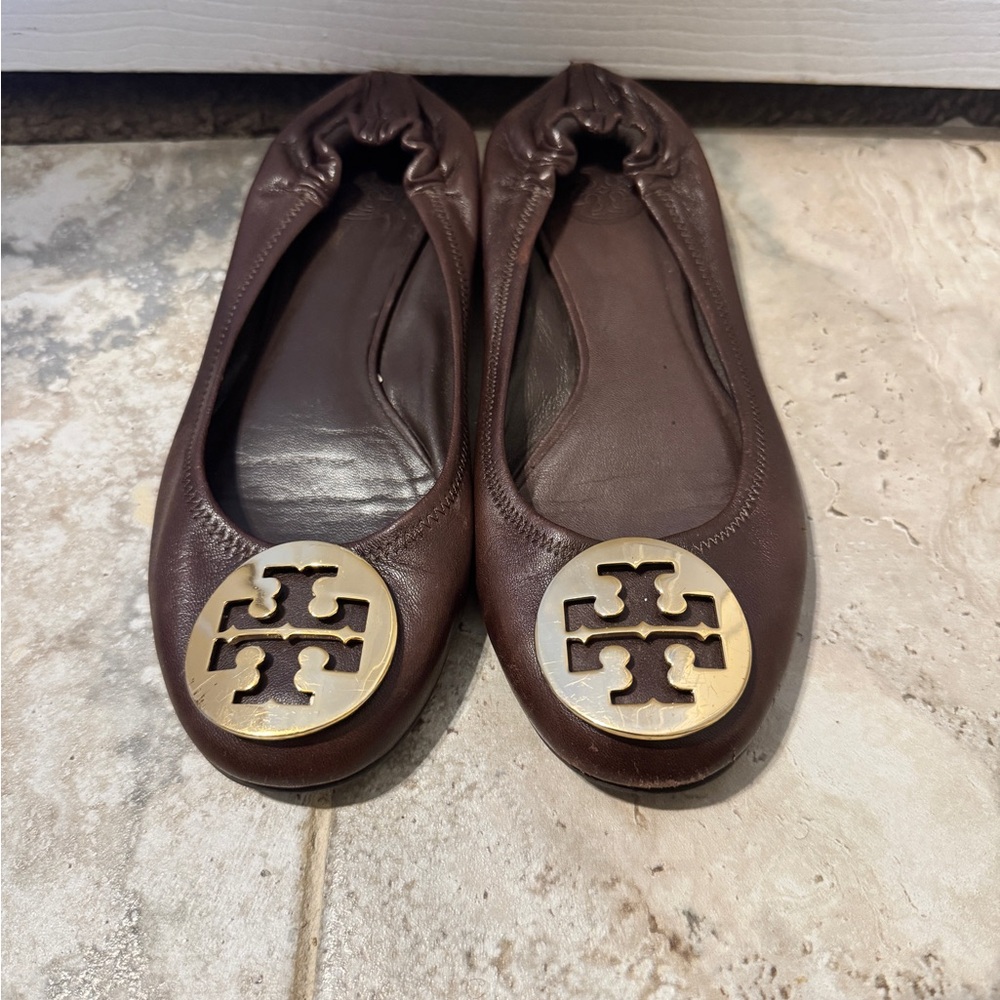 Tory Burch Chocolate Leather Flats with Gold Logo